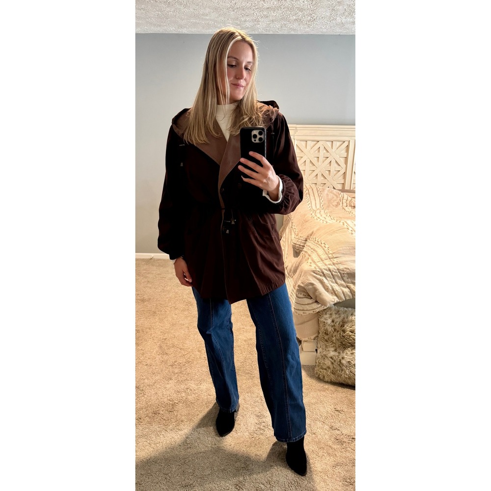 J. Gallery Brown Hooded Parka Jacket Drawstring Waist Storm Flap Women Large